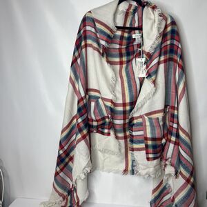Grace And Lace Plaid Fringe Trim Pocket Poncho White Red One Size